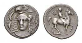 Sicily, Syracuse Hemidrachm circa 344-317, AR 14mm., 1.98g. Helmeted head of Athena facing slightly left; three dolphins around. Rev. Horseman riding ...