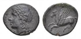 Sicily, Syracuse Bronze circa 274-216, Æ 19mm., 4.72g. ΣΥΡΑΚΟΣΙΩΝ Laureate head of Apollo left. Rev. Pegasus flying left; below, Δ. SNG ANS 647. Calci...