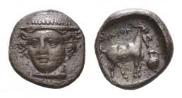 Thrace, Ainos Drachm circa 396-393, AR 13.5mm., 2.54g. Head of Hermes facing, wearing a petasos. Rev. ΑΙΝΙΟΝ Male goat, with somewhat curved horns, st...