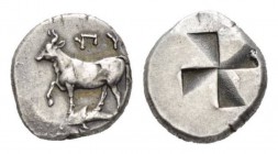 Thrace, Byzantium Drachm circa 411-386, AR 16.5mm., 5.40g. Cow standing left; below, dolphin and above ΠY. Rev. Quadripartite incuse square. Dewing 12...