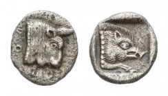 Phocis, Federal coinage Obol circa 485-480, AR 9mm., 0.86g. A bull’s head in profile, the beaded truncation is curved, F above O behind. The horn is s...