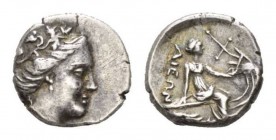 Euboea, Histiaia Tetrobol circa 196-146, AR 13.5mm., 2.28g. Head of nymph Histiaea right Rev. IΣTIAEIΩN Nymph seated right on prow. BCD Euboia 379.
...