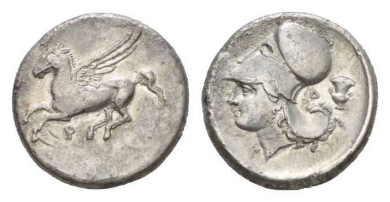 Corinthia, Corinth Stater circa 345-307, AR 21.5mm., 8.15g. Pegasos flying left;...