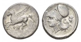 Corinthia, Corinth Stater circa 345-307, AR 21.5mm., 8.15g. Pegasos flying left; below, Q. Rev. Helmeted head of Athena left; behind, Δ and krater. Ra...