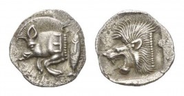 Mysia, Kyzikos Obol circa 450-400, AR 12mm., 0.83g. Forepart of boar left, E (retrograde) on shoulder; behind, tunny. Rev. Head of lion left within in...