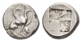 Ionia, Teos Sater circa 478-465, AR 22mm., 11.94g. Griffin seated right, with l. forepaw raised. Rev. Quadripartite incuse square. Balcer, SNR 47 -. V...