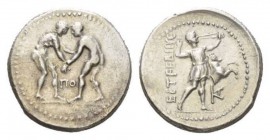 Pamphilia, Aspendos Stater circa 380-330, AR 26mm., 10.50g. Two wrestlers grappling; below, ΠO. Rev. ΕΣΤΦΕΔΙΙΥΣ Slinger to right; in field right, prot...