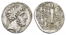 The Seleucid Kings, Damascus Tetradrachm circa 94-93, AR 29mm., 15.40g. Diademed, bearded head right. Rev. BACIΛEΩC ΔEMETPIOV ΘEOV Cultus statue of At...