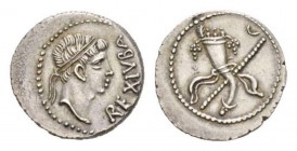 Kings of Mauretania, Caesarea Denarius circa 20 BC - 20 AD, AR 19mm., 3.04g. REX IVBA Diademed head right. Rev. Cornucopia with fillet; in background,...