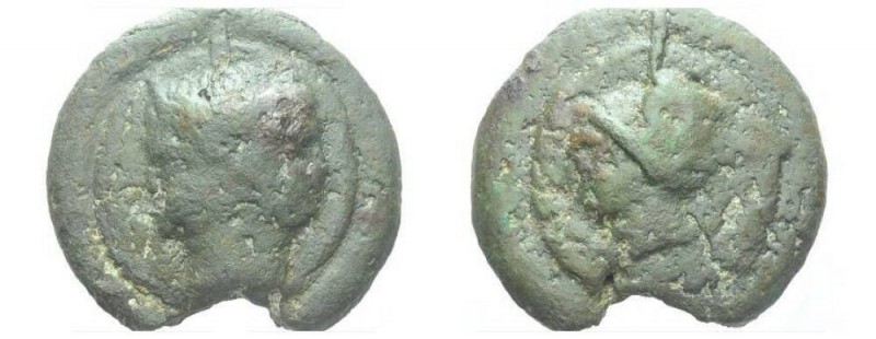 As circa 280-276, Æ 69mm., 313.69g. Janiform head of the Dioscuri, hair tied wit...