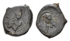 Half unit circa Neapolis after 276 - Ex I. Vecchi sale 3, 1996, 4., Æ 16.5mm., 5.87g. Helmeted head of Minerva left. Rev. Bridled horse’s head right; ...