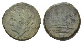 Uncia circa 217-215 - Ex I. Vecchi 3, September 1996, 31., Æ 25mm., 13.87g. Helmeted head of Roma left; behind, pellet. Rev. ROMA Prow right; below, p...