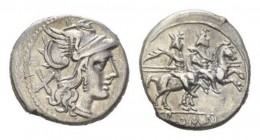 Denarius circa after 211, AR 18.5mm., 3.80g. Helmeted head of Roma right; behind, X. Rev. The Dioscuri galloping right; below, ROMA in linear frame. S...