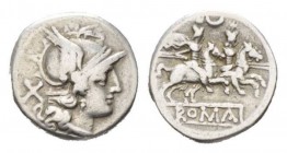 Crescent (first) series Denarius circa 207, AR 19.5mm., 4.08g. Helmeted head of Roma right; behind, X. Rev. The Dioscuri galloping right; above, cresc...