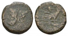 Helmet (first) series As circa 206-195 - Ex I. Vecchi sale 3, 1996, 250., Æ 32mm., 28.07g. Laureate head of Janus; above, mark of value. Rev. Prow rig...