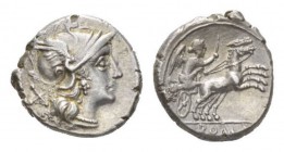 Denarius circa 157-156, AR 18mm., 3.83g. Helmeted head of Roma right; behind X. Rev. Victory in prancing biga right; in exergue, ROMA. Sydenham 376. C...