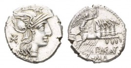 P. Maenius M.f. Antias or Antiaticus. Denarius circa 132, AR 19.5mm., 3.97g. Helmeted head of Roma r.; behind, *. Rev. Victory in prancing quadriga r....