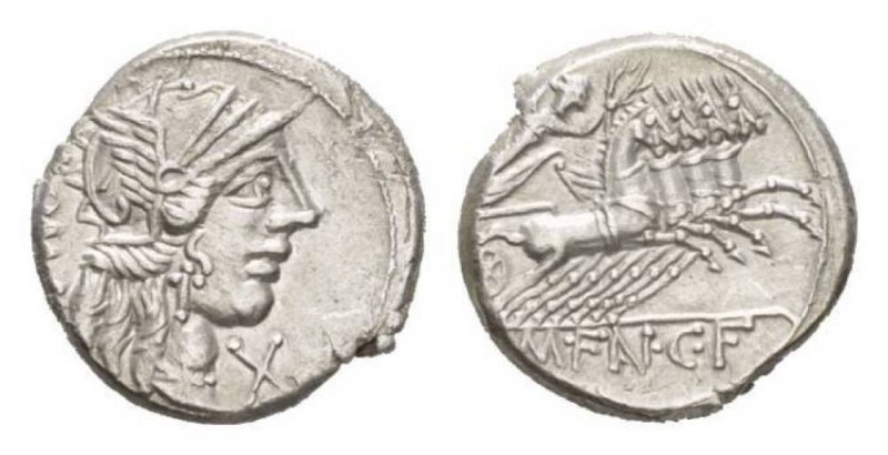 M. Fannius C.f. Denarius circa 123, AR 18mm., 3.72g. Helmeted head of Roma right...