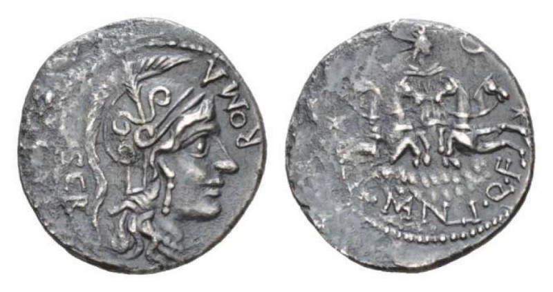 A. Manlius Q. f. Sergianus Denarius circa 118-107, AR 20mm., 3.28g. SER – ROMA H...