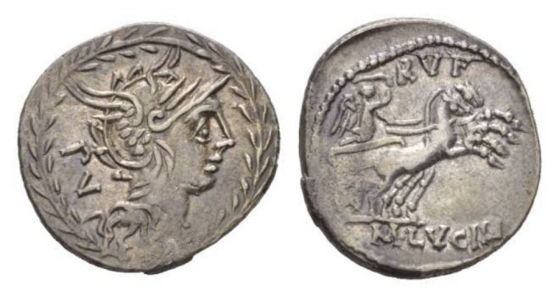 M. Lucilius Rufus Denarius circa 101, AR 21.5mm., 3.98g. Helmeted head of Roma r...