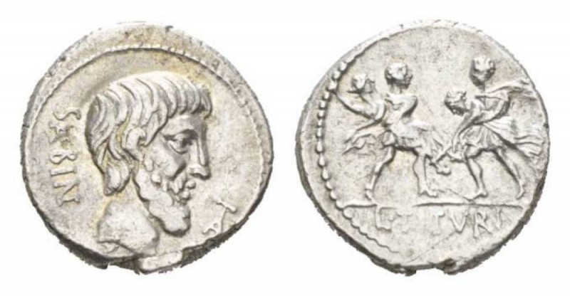 L. Titurius L.f. Sabinus. Denarius circa 89, AR 18.5mm., 3.71g. SABIN Head of Ki...