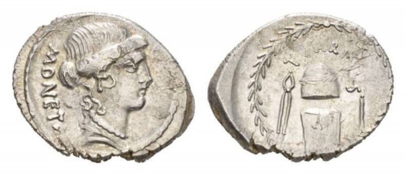 T. Carisius Denarius circa 46, AR 22mm., 3.36g. MONETA Head of Juno Moneta right...