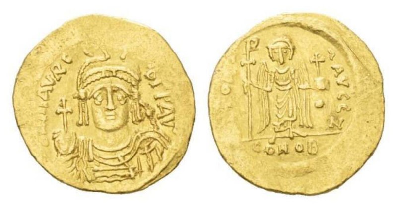 Maurice Tiberius, 15 August 582 – 25 November 602 Solidus 582-602, AV 21.5mm., 4...