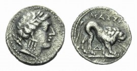 Gallia, Massalia Drachm 200, AR 15mm., 2.62g. Bust of Artemis right, bow and quiver over shoulder. Rev. MAΣΣA Lion walking right; below, Δ .

Very f...