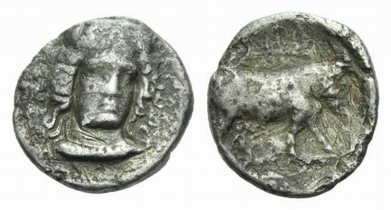 Campania, Hyria Nomos 395-385, AR 21.5mm., 6.40g. Facing head of Hera Lakinia, s...