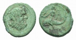 Calabria, Brundisium Quarter uncia (?) 215, Æ 17.5mm., 2.65g. Diademed head of Poseidon right. Rev. Dolphin rider left, holding Nike and lyre. Histori...
