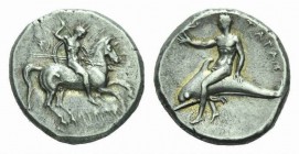 Calabria, Tarentum Nomos circa 281-270, AR 21.5mm., 7.85g. Horseman r., spearing downwards. Rev. Dolphin rider l., holding cantharus. Historia Numorum...