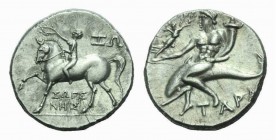 Calabria, Tarentum Half-shekel 212-209, AR 19mm., 3.84g. Horseman at pace l., crowning his horse; in field r., IW. Between horse’s legs, ΣΩΓENHΣ. Rev....