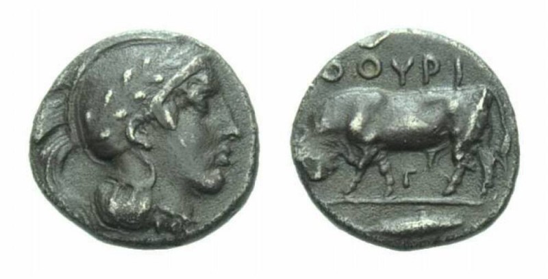 Lucania, Thurium Triobol 443-400, AR 11mm., 1.18g. Helmeted head of Athena r. Re...