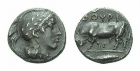 Lucania, Thurium Triobol 443-400, AR 11mm., 1.18g. Helmeted head of Athena r. Rev. ΘOYPI Bull standing l.; in exergue, fish. ANS 1137. SNG Cop. 1741. ...