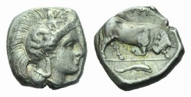Lucania, Thurium Nomos 350-300, AR 18.5mm., 7.46g. Head of Athena right, wearing crested Athenian helmet, ornamented with figure of Scylla. Rev. Bull ...