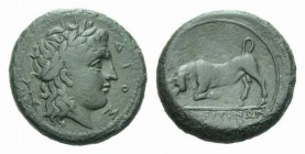 Sicily, Mamertini Bronze after 288, Æ 22.5mm., 8.74g. ΔIOΣ Laureate head of Zeus Hellanios right; behind thunderbolt. Rev. MAMEPTINΩN Bull getting rig...