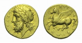 Sicily, Syracuse Hemidrachm 344-336, Æ 12.5mm., 2.13g. Laureate head of Zeus left Rev. ΣVRAKOΣION Pegasus flying left SNG ANS 493. Copenhagen 710.

...