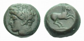 The Carthaginians in Sicily and North Africa, Bronze 370-340, Æ 15.5mm., 6.84g. Head of Persephone-Tanit l. Rev. Horse prancing r. Calciati 5. SNG Cop...