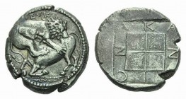 Macedonia, Acanthus Tetradrachm 424-380, AR 24.5mm., 13.66g. Lion attacking bull on ground line; lion right on bull left, clawing and biting his hindq...