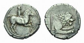 Kingdom of Macedon, Perdiccas II, 454-413 Heavy Tetrobol 437-431, AR 15.5mm., 2.22g. Macedonian horseman, holding two spears, on mount prancing right....