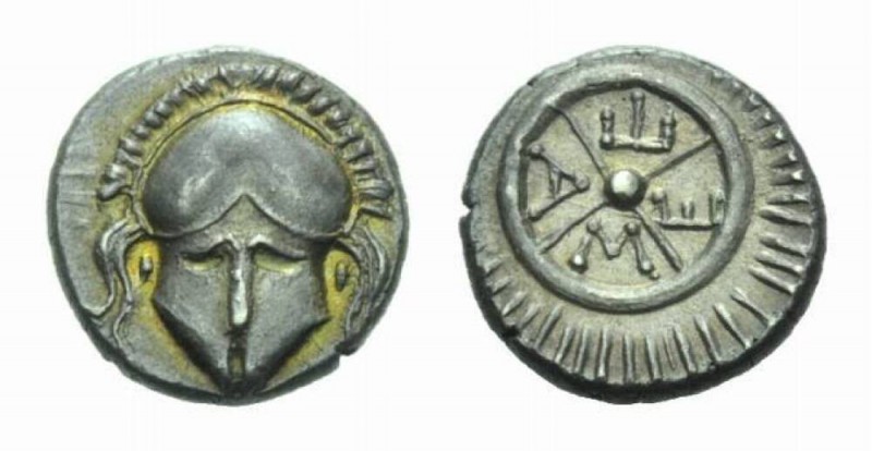 Thrace, Mesembria Diobol 450-350, AR 11mm., 1.30g. Corinthian helmet. Rev. Radia...