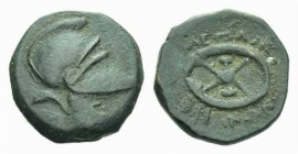 Thrace, Mesembria Bronze 300-250, Æ 21.5mm., 7.78g. Crested Thracian helmet right. Rev. MEΣAM-BΡIANΩN around shield. SNG Copenhagen 658. Muller 3984
...
