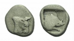 Phocis, Federal Coinage Obol Liala 480-478, AR 9.5mm., 0.77g. A bull’s head in profile, the beaded truncation is curved, F above O behind. The horn is...
