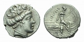 Euboea, Histiaia Tetrobol 196-146, AR 15mm., 2.29g. Wreathed head of nymph Histiaia right. Rev. IΣTIAIEΩN Nymph seated right on galley, holding stylis...