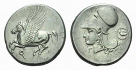 Corinthia, Corinth Stater 345-307, AR 22mm., 8.49g. Pegasos flying left; below, Q. Rev.Helmeted head of Athena left; below chin, Γ and behind dove wit...