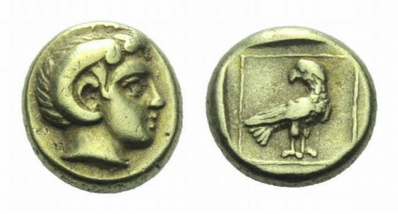 Lesbos, Mytilene Hecte 337-326, EL 10.5mm., 2.53g. Head of Apollo Karneios with ...