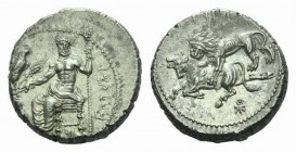 Cilicia, Mazaios 361-344 Tarsus Stater 361-344, AR 24mm., 10.98g. B'ltrz in Aramaic characters Baaltars seated l., holding bunch of grapes, ear of gra...