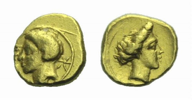 Cyrenaica, Obol IV cent., AV 8.5mm., 0.88g. Head of Carneius with horn to l. Rev...