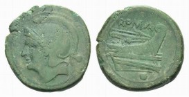 Uncia circa 217-215, Æ 25.5mm., 10.67g. Helmeted head of Roma l.; behind, pellet. Rev. ROMA Prow r.; below, pellet. Sydenham 86. Crawford 38/6.

Nic...