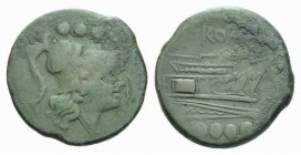 Triens circa 215-212, Æ 32.5mm., 16.32g. Helmeted head of Minerva r.; above, four pellets. Rev. Prow r.; above, ROMA. Below, four pellets. Sydenham 10...